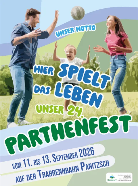 Parthenfest Flyer mit einer spielenden Familie auf einer Wiese